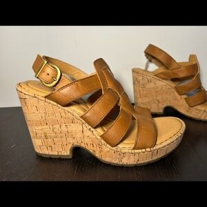 Born Bernese Cage Leather Platform Cork Wedge Sandals Brown Womans 10M